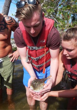 kayakers holding wildlife